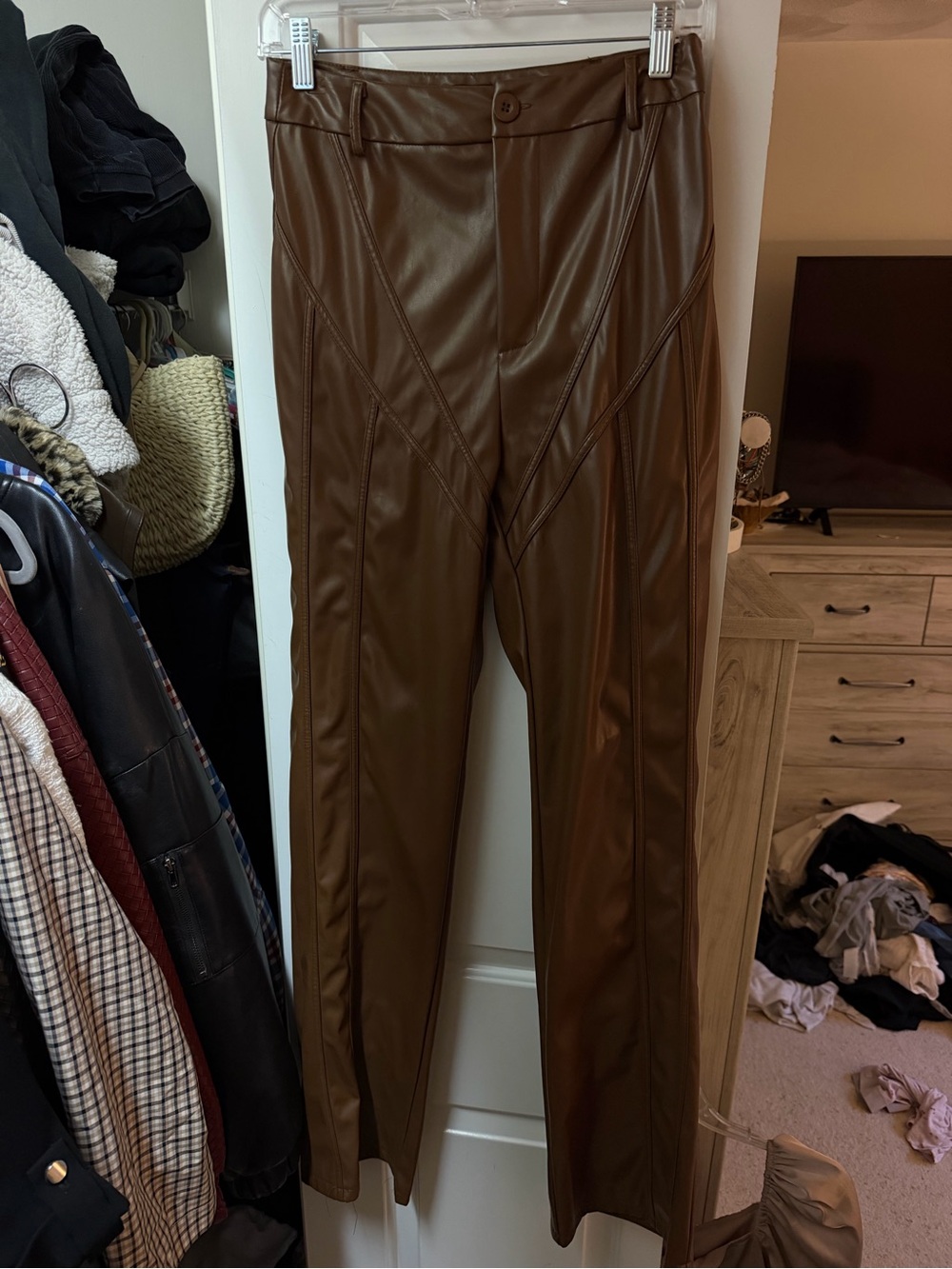TALL Brown Faux Leather Trousers - Sleek Tailored Fit